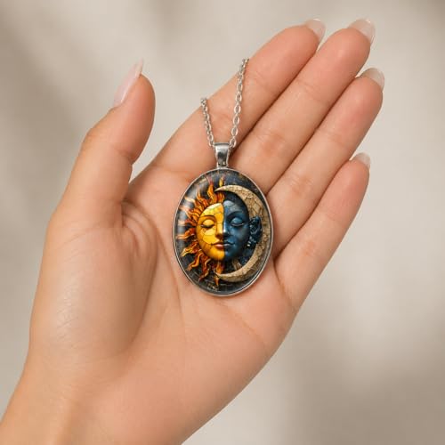 1pc Stunning Round Pendant Necklace - Unique Sun & Moon Pattern, Oil Painting Style Glass Mosaic, Alloy Construction, Trendy Sweater Chain, Fashionable Gift for Women - Christmas or Birthday Gift - color: Sun/Moon Oval