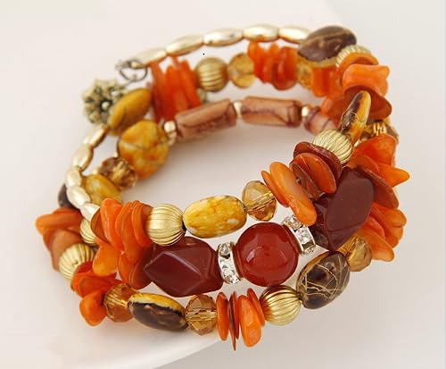 Women Beaded Bracelet Set | Colorful Boho Stackable Trendy Design with Crystal Accents Multilayer Bangle Bracelet | Fashion Stretch Braclets Jewelry for Women - color: Orange.
