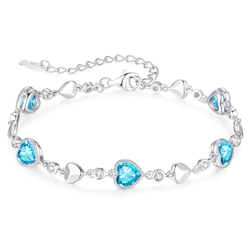 925 Sterling Silver Birthstone Heart Bracelet Jewelry Gift for Women | Rose Gold Plated Bracelets,Hypoallergenic,Adjustable Chain Personalized Anniversary Christmas Jewelry Gift for Mom Wife - color: Sterling Silver-12-Dec