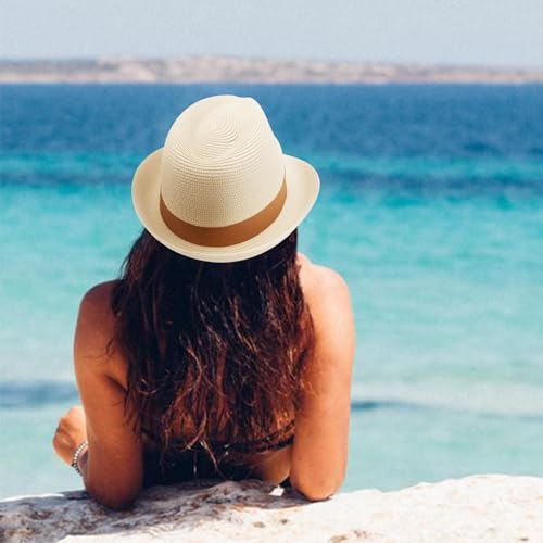 DRESHOW Women Straw Sun Hat Short Brim Panama Travel Fedora Summer Hat Roll Up Beach Cap for Women UPF 50+ - color: 1 Pc Ribbon Straw Hat: Beige
