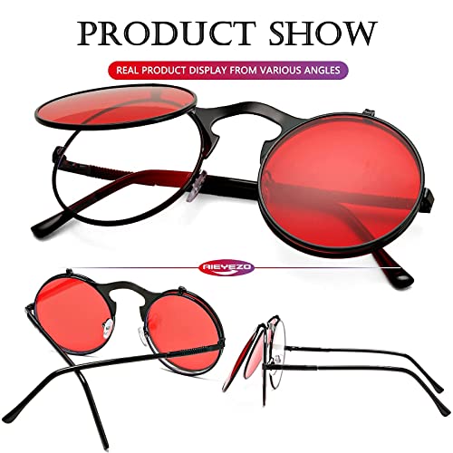 AIEYEZO Round Flip Up Sunglasses for Men and Women Rave Flip Glasses 90's Retro Steampunk Style - color: Black/Ocean Red