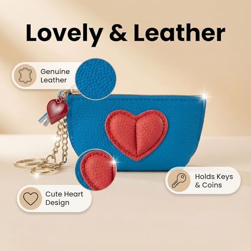 Red Heart Design Small Coin Purse - Cute Compact Keychain Change Purse Soft Leather Wallet with Zipper for Women (Blue) - color: Blue