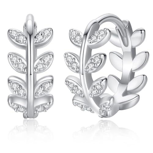 14K Gold Huggie Earrings for Women Silver Huggie Hoop Earrings Cubic Zirconia Huggie Earrings Stud Earrings Lightweight Dainty Hypoallergenic Earrings Jewelry Gifts - color: Silver Olive Leaf CZ Huggie Earrings