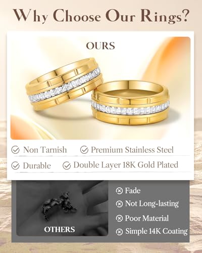 8mm Mens Gold Wedding Band with Cubic Zirconia Silver Eternity Ring CZ Inlaid 18K Gold Plated Stainless Steel Rings for Men, Rings Size 5-12 - color: Gold