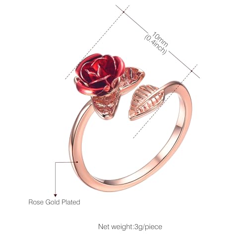 U7 Rose Flower Ring, Stackable Band Ring for Women Girls, Platinum Silver/Gold/Rose Gold Red Signet Rings Adjustable Fit Size 5 to 10 - color: Red Rose-Rose