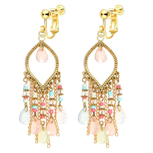 Clip on Tassel Dangle Earrings for Boho Women, Non Pierced, Colorful Feather Handmade Beads Fashion Vintage Fringe Jewelry for Parties Weddings Festivals Trendy Statement Earrings for Bohemian - color: Color C