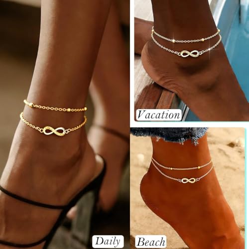 925 Sterling Silver Ankle Bracelets for Women 14K Gold Plated Layered Anklet Sets Dainty Heart Anklets Chain Waterproof Beach Foot Jewelry Gifts - style: Bow-Gold