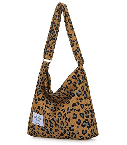 Covelin Women's Retro Large Size Canvas Shoulder Bag Hobo Crossbody Handbag Casual Tote - color: Leopard Brown