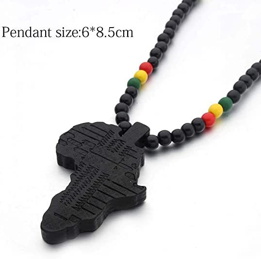 COLORFUL BLING Hip-hop Africa Map Pendant Necklace for Men African Continent Egyptian Multicolor 8MM Wooden Bead Chain Necklace Natural Wood Jewelry - style: style 1