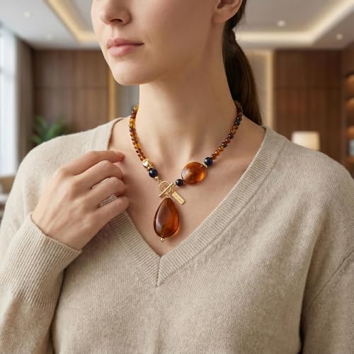 Boho Beaded Pendant Long Necklace for Women - Western Mixed Metal Necklace Style Jewelry Gift - color: Amber Tear