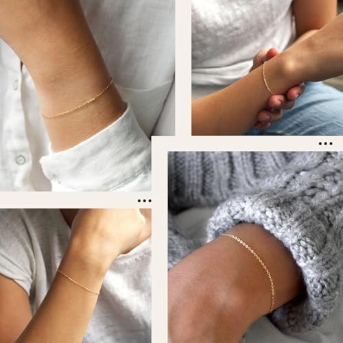 NOKMIT Solid 925 Sterling Silver Bracelets for Women, Dainty Interlocking Circles Cubic Zirconia Adjustable Chain Bracelet, Trendy Stackable Link Bracelets, Simple Cute Jewelry Gifts - color: Gold Cable Chain