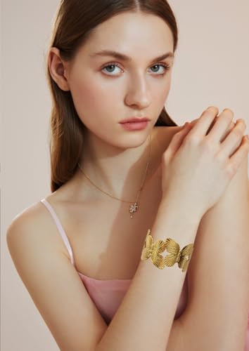 WOWORAMA Chunky Gold Cuff Bracelets for Women Vintage Gold Flower Butterfly Bracelet Trendy Boho Wide Open Cuff Bangles Matte Statement Bracelet - color: Gold-tone Butterfly