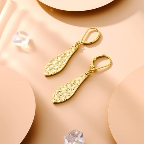 ALEXCRAFT Hammered Silver Dangle Earrings for Women, 14K Gold Plated French Leverback Earrings, Hypoallergenic Lightweight Statement Hammer Square Bar Long Drop Earing for Women Trendy Jewelry Gifts - color: GoldB