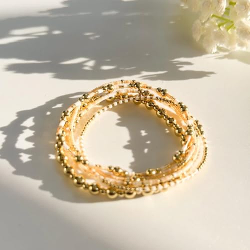 14K Gold Beaded Ball Stackable Bracelets for Women,Bohemian Stretch Colorful Seed Beads Bracelet Stack Fashion Holiday Jewelry Gift Friendship - color: Beige