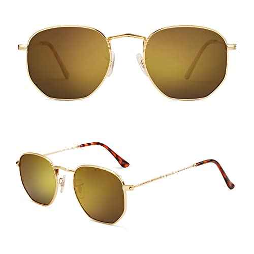 SOJOS Square Polarized Sunglasses for Women Men Small Hexagonal Polygon Shades SJ1072 - color: Gold Mirrored