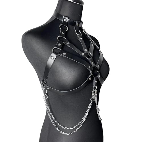 Black Leather Harness for Women, Punk Body Chest Harness with Chains, Adjustable Strappy Cage Bra Top for Rave Festival Clubwear - style: Punk