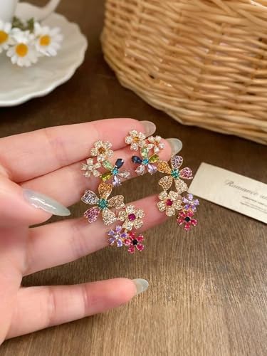 Climber Earrings for Women Multicolor Ear Studs with Ear Cartilage Clip Crystal Clustered Flowers Ear Cuff Earring Statement Floral Crawler Stud Earrings Sparkly Zircon Gemstone Earring