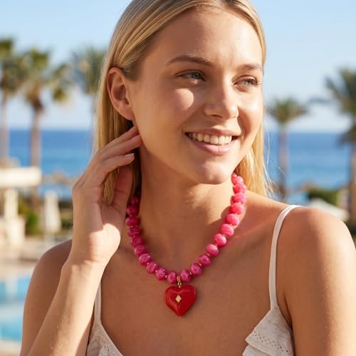 Elegance 11 designs Chunky Heart Necklace for Women, Colorful Acrylic Beaded Statement Puff Heart Necklace, Cute Boho Y2K Choker Necklace for Gift Jewelry - color: Rose