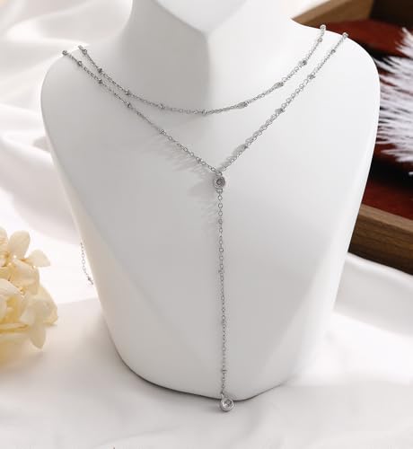 iF YOU Lariat Gold Long Necklaces for Women Trendy, Dainty 14K Gold Plated Drop Chain Necklace, Layered Rosary Beaded Y Necklaces Summer Beach Jewelry Gifts - color: Silver Bead CZ necklace