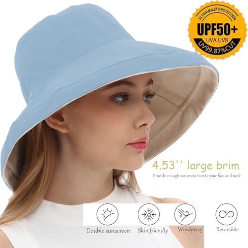 vidsel Womens Sun Hats Wide Brim Reversible Bucket Cotton Hat Packable Summer Travel Cap with Hat Clip,UV Protection - color: Medium-beige+blue, size: Medium