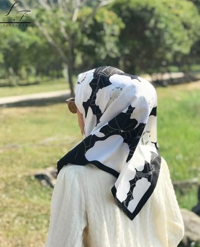 Hioyiwse Head Scarf For Women Hair Bandana 35" Large Square Satin Wrap Sleeping Neck Silk Satin Hair Scarves Lightweight - color: F15-white Flowers and Black Leaves(35*35inch）