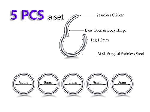 5Pcs 16G 18G Surgical Steel Nose Rings Hoop Tragus Septum Cartilage Hoop Earrings For Women Men Body Piercing Jewelry Kit Bar Length 6mm/8mm/10mm/12mm/14mm - style: 5Pcs -16G - Steel - 8mm