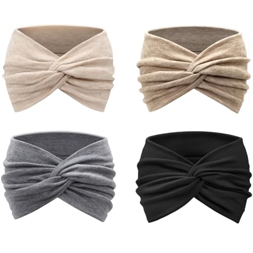 AQOKKA Extra Wide Headbands for Women Large Turban Headband Non Slip Boho Elastic Hairband Hair Twisted Knot Head Bands Accessories - color: 4 Pcs E: Beige, Black, Coffee, Grey