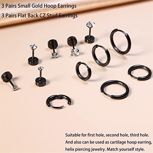 Dainty 6 Pairs Surgical Steel Earrings Sets for Multiple Piercing, Lightweight 14K Gold Plated Small Huggie Hoop Earrings, Flat Back Tiny Ball CZ Stud Earrings for Cartilage, Helix, Lobe, Hypoallergenic - style: Black - Huggie Hoops and CZ Studs