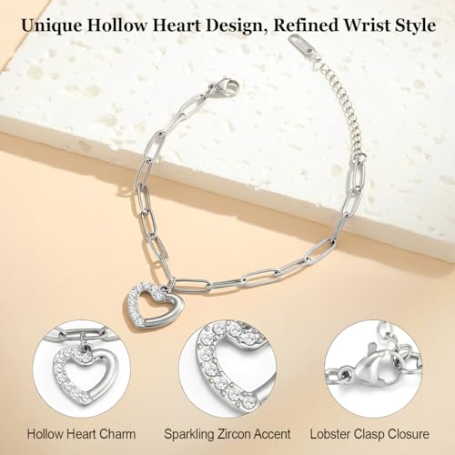 Emibele Heart Charm Bracelet for Women, Bible Verse Bracelet Stainless Steel 18K Gold Plated Bracelet Love Pendant Link Chain OT Clasp, Birthday Christmas Jewelry Gift for Mother Her - color: Silver Heart Charm