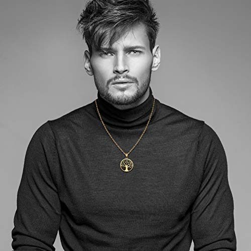 Cupimatch Men Tree of Life Symbol Pendant Necklace Leather Bracelet, Stainless Steel 22 inch Chian Jewelry Set (Black) for Father's Day - color: Brown
