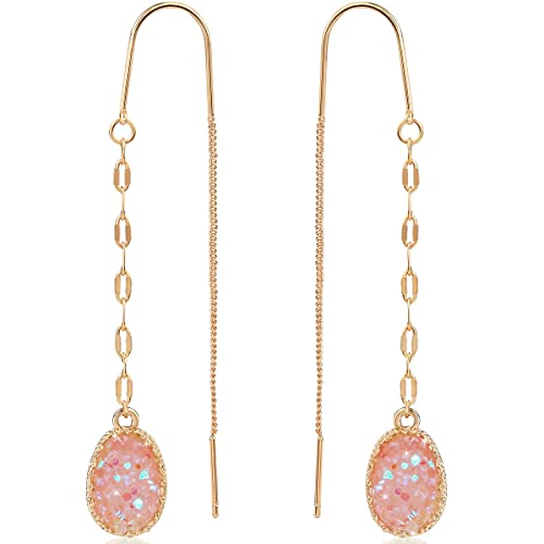 Simulated Druzy Threader Earrings for Women - Gold, Silver, or Rose Gold Tone Long Chain Earrings with Boho Created Geode Stone - color: Gold - Created Rose Quartz