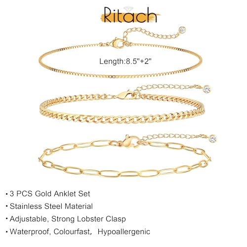 Ritach Ankle Bracelets for Women - Silver/Gold Plated Stainless Steel Anklets for Women Waterproof Layered Cuban Link Figaro Chain Heart Anklets Set Summer Beach Jewelry Gifts - color: Gold- Paperclip & Cuban & Box Chain