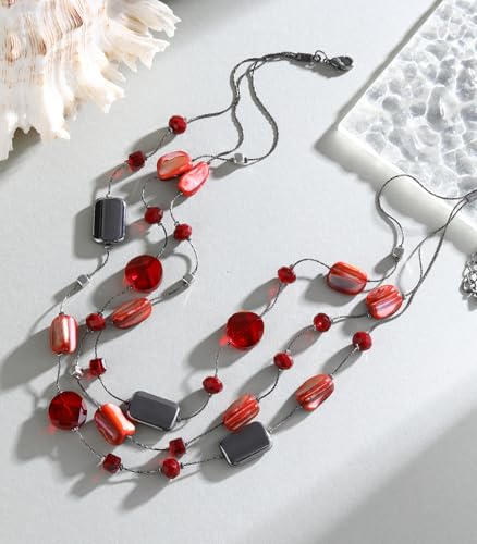 FULU AUTUMN Beaded Statement Necklaces for Women Shell Bead Chunky Collar Necklace Summer Layer boho Costume Jewelry for Her - color: Red