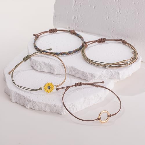 FANCY SHINY Easter Gifts Basket Stuffers Sunflower String Bracelet Boho Braided Rope Wrap Bracelets Cute Summer Beach Surfer Jewelry for Women - color: Neutral