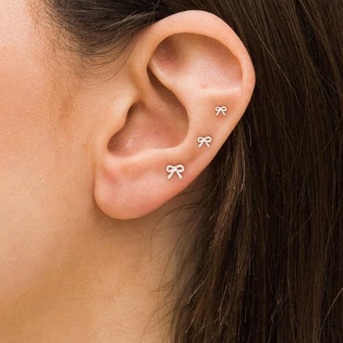 VRIUA 20G Tiny Flat Back Earrings for Women - 14K Gold/Silver Plated Small Flat Back Stud Earrings Hypoallergenic Cartilage Helix Piercing Jewelry - color: 4/5/6mm-Bow Flat Silver