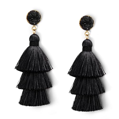 Me&Hz Colorful Layered Tassel Earrings Bohemian Statement Tiered Tassel Big Dangle Drop Earrings for Women Druzy Studs Valentine’s Day Gift - color: Black