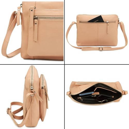Leather Crossbody Bags for Women Small Soft Genuine Pebbled Sling Shoulder Handbag Crossover Purse with Full Adjustable Strap (Nude Nappa) - color: Nude Nappa