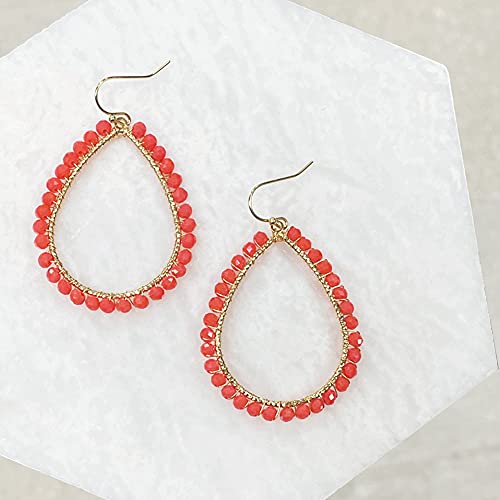 Bohemian Boho Teardrop Dangle Drop Earrings for Women – Delicate - Handcrafted Wire Wrapped Colorful Faceted Glass Beads – Gold Plated – with Gift Box Included - color: Red Coral
