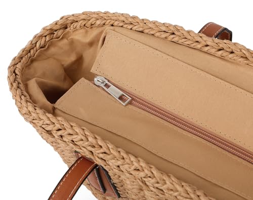 Women's Straw Shoulder Bag Large Rattan Woven Totes Summer Travel Beach Handbag Handmade Top Handle Purse - color: Coffee