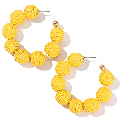Raffia Hoop Earrings Statement Boho Beaded Earrings Cute Rattan Handmade Colorful Jewelry for Women Unique Summer Outfits - color: Yellow