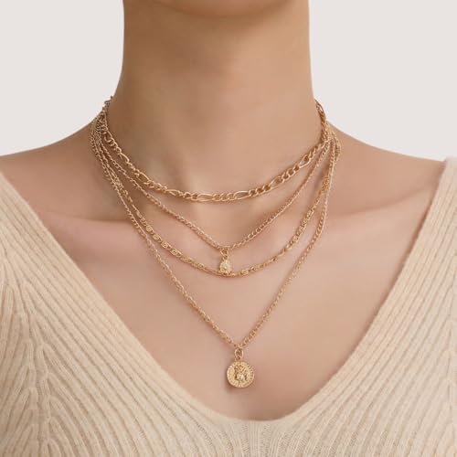 GIGB PBDK Layered Necklaces for Women Dainty 14K Gold Coin Sun Pendant Necklace Exaggerated Stackable Figaro Choker Necklace Trendy Birthday Jewelry Presents - color: Gold