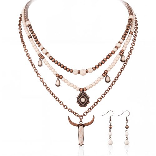 Montana West Rustic Couture's Western Jewelry Set for Women Cowgirl Vintage Western Necklace Earring - color: Layered-White Turquoise