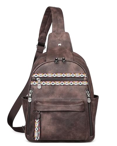 FADEON Large Sling Bag for Women, Leather Crossbody Purse Designer Anti Theft Sling Backpack, RFID Fanny Packs for Travel - color: Coffee Brown Retro Style
