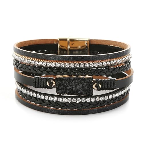 Long tiantian Leather Wrap Bracelets Boho Bracelets for Women Rhinestone Leather Bangles Boho Western Outfit Accessories Jewelry Gifts - color: black