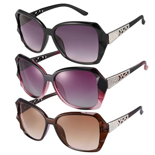3/4 Pcs Women Large Sunglasses UV 400 Glasses Oversized Classic Trend Ladies Sunglasses with Shiny Large Frame - color: Black/Brown/Purple