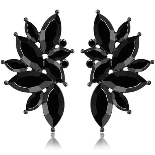 Bohemian Statement Sparkly Colourful Fancy Rhinestone Crystal Flower Dangle Drop Stud Earrings Vintage Wedding Bridal Prom Earrings for Women - color: Black