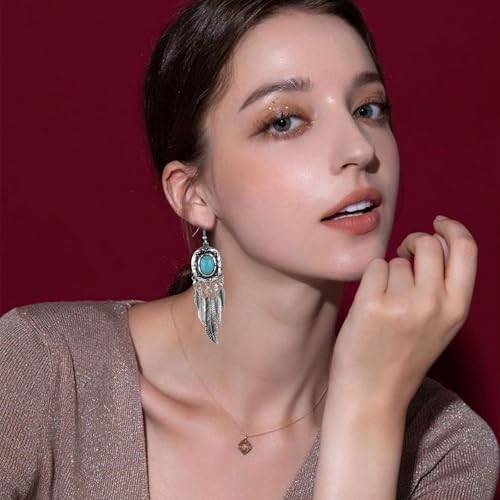 Boho Turquoise Drop Earrings Retro Long Copper Feather Tasse Metal Leaf Dangle Earrings Vintage Country Western Jewelry Cowgirl Ethnic Style Geometric Concert Festival Accessories for Women - color: Turquoise Feather