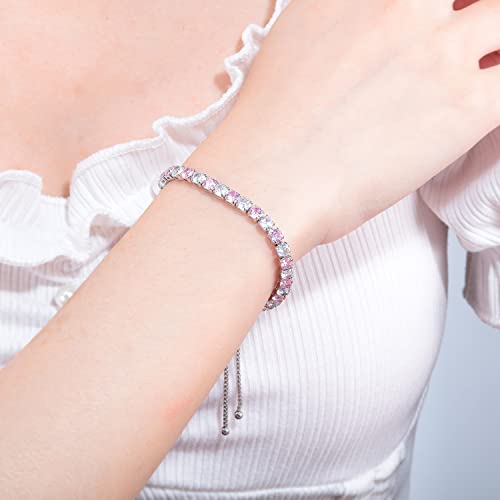 CiNily Adjustable Tennis Bracelets for Women Teen Girls Rainbow Cubic Zirconia Bracelet 14K White Gold Plated Hypoallergenic Slider Bracelet Jewelry Gift - color: Pink white