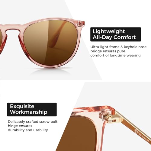 SUNGAIT Premium Vintage Round Sunglasses for Women Men Classic Retro Trendy Style - color: 09 Pink Brown Frame (Glossy Finish)/Polarized Light-brown Lens