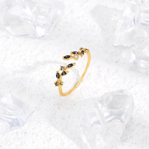 Dainty Rings Open Adjustable Ring Leaf Ring for Women Dainty Stackable Rings for Women - color: Black